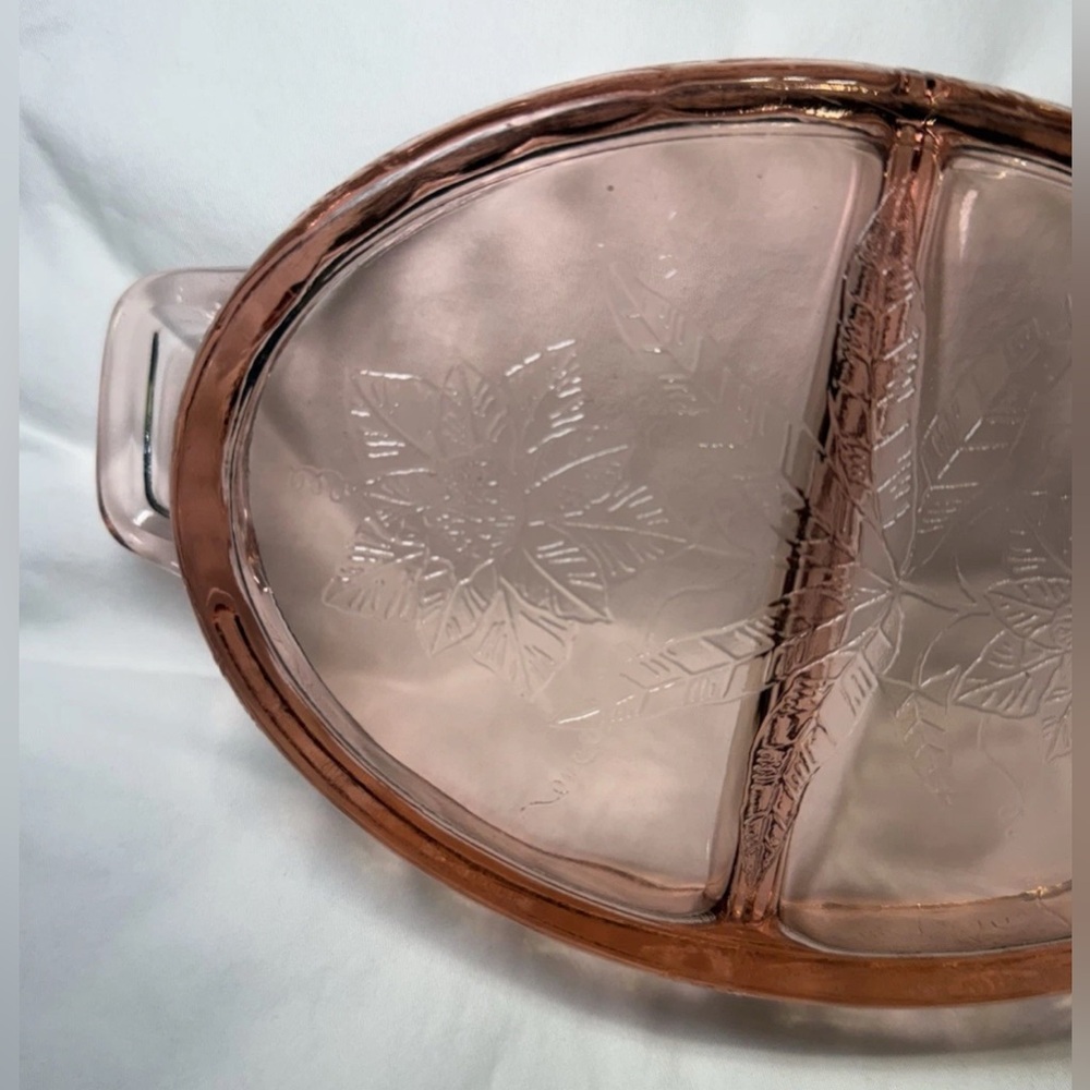 Vintage Jeanette Poinsettia Pink Depression Selenium Glass Divided Relish Dish - Picture 5 of 7